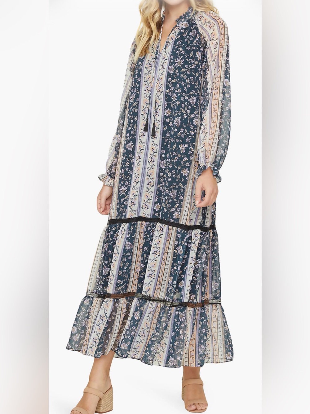 Lost + Wander Running Free Floral Ruffle Maxi Dress Black Multi S NWT